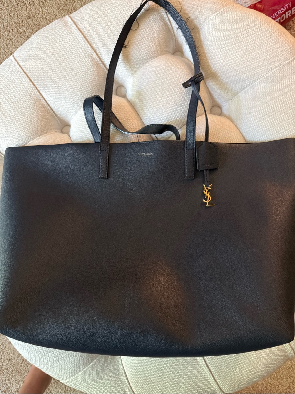 Yves Saint Laurent Navy Leather Shopping Tote with Gold YSL Tag & Inner Clutch